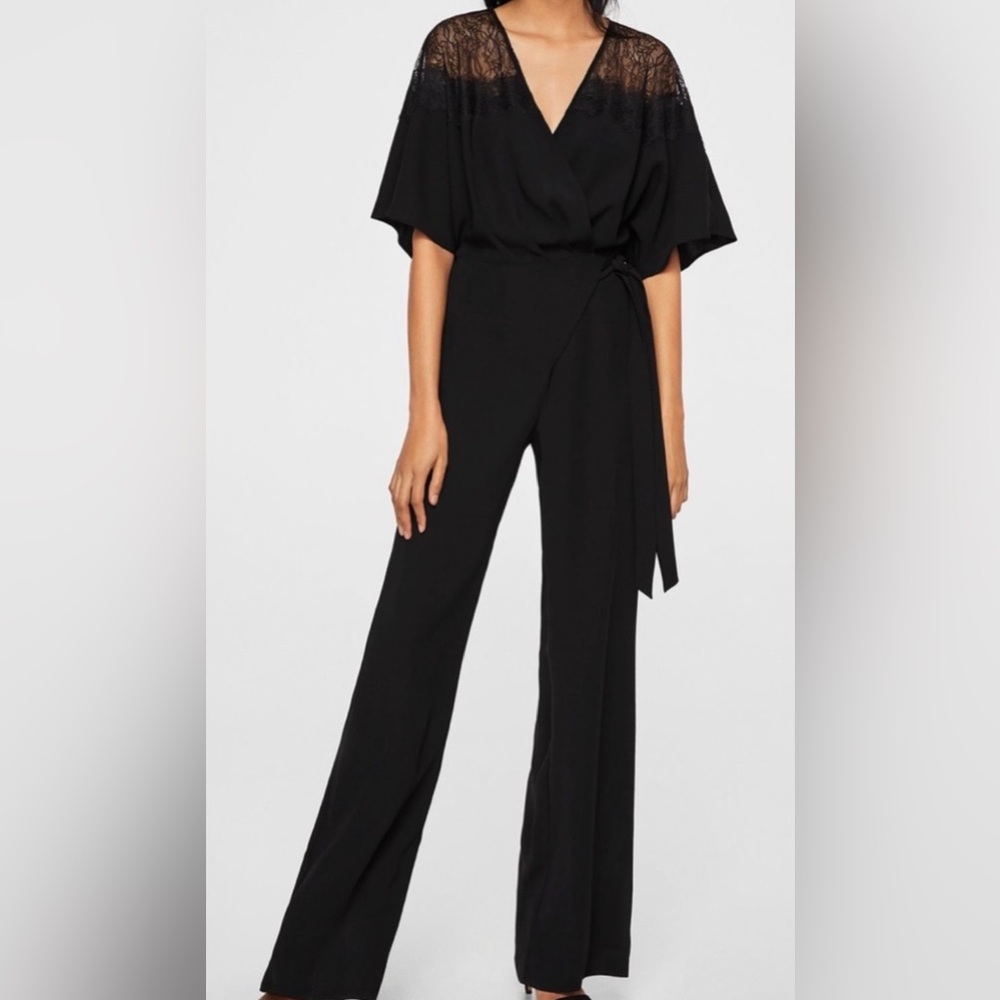 "MANGO Black Gala Jumpsuit with Chantilly Lace & Wide Leg - Size S